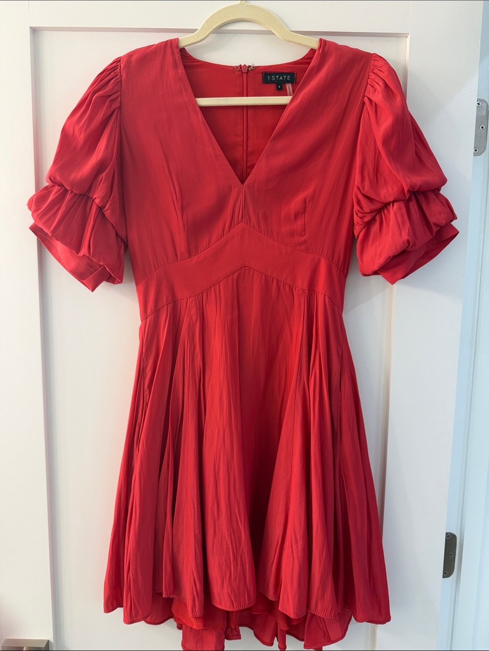 1. State Vibrant Red V-Neck Tiered Puff Sleeve Mini Dress